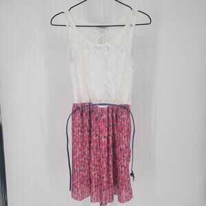 Olsenboye Juniors Sz 5 above Knee Belted Dress White Lace Top Floral Bottom